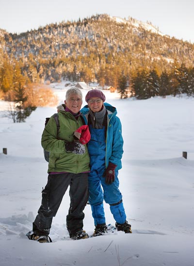 Lanita Witt and Suzanne Willow on snowshoes at Willow-Witt Ranch outside of Ashland, Oregon