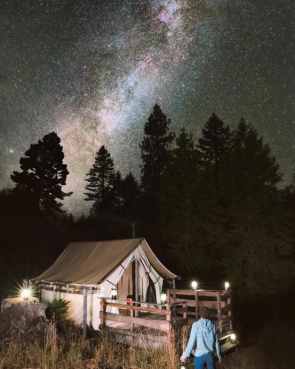 long exposure night shot of Milky Way over wall tent at Willow-Witt Ranch Campground
