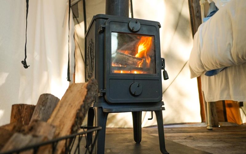 Raven wall tent wood stove closeup