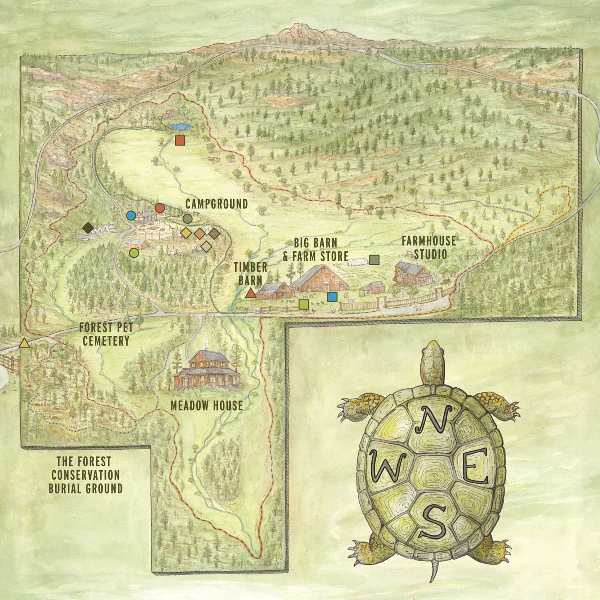 Willow-Witt Ranch hand drawn map showing Campground, Farm Store, hiking trails and ranch attractions including turtle pond, farm animals, garden, etc.