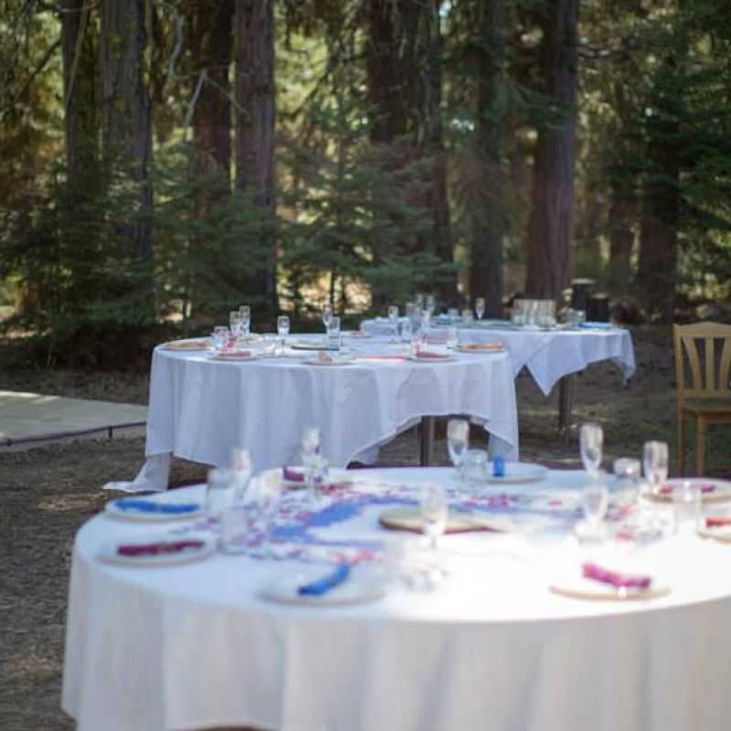 round tables set with tablecloths near the forest for evening dining event