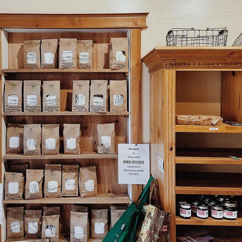 display shelves filled with logo T-shirts and local products