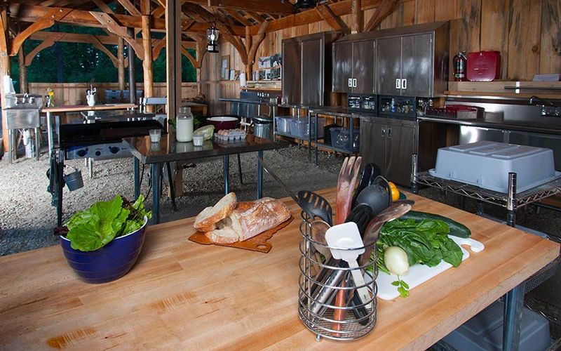 Farm goods being prepped for meal in campground cookhouse