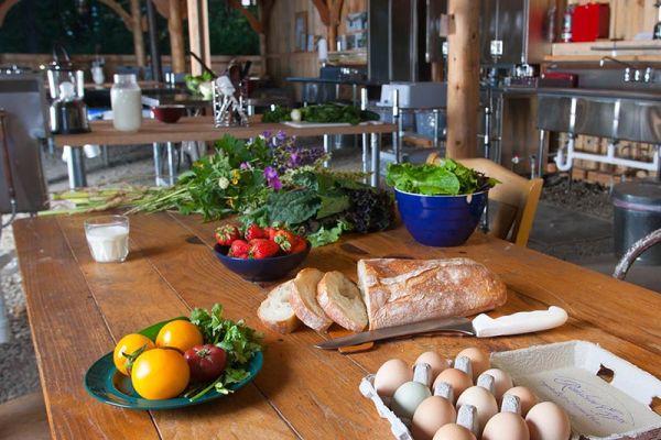 Fresh eggs, bread and produce in the campground kitchen