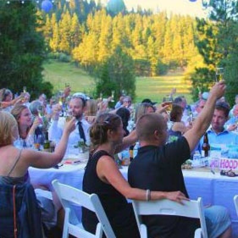 guests participate in a toast during special event evening dinner in ranch meadow