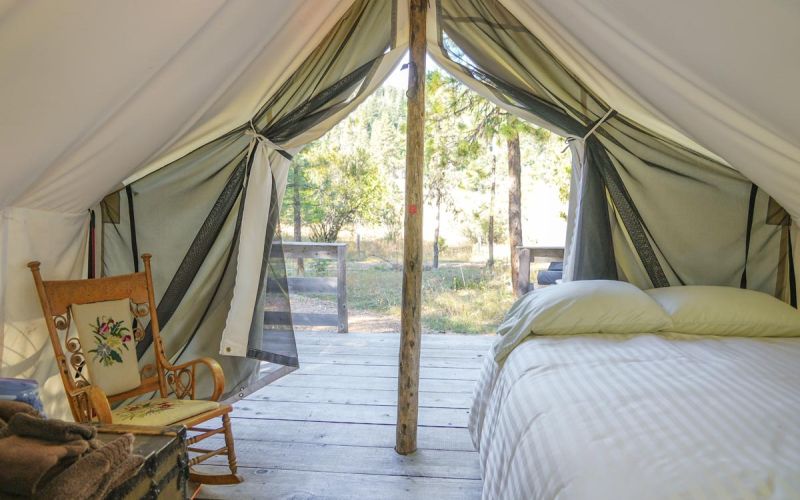 Inside Wren wall tent looking outdoors
